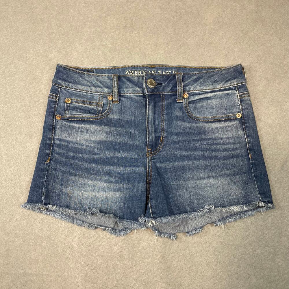 American Eagle Midi Shorts Womens Size 8 Blue Denim Stretch Raw Hem Cut